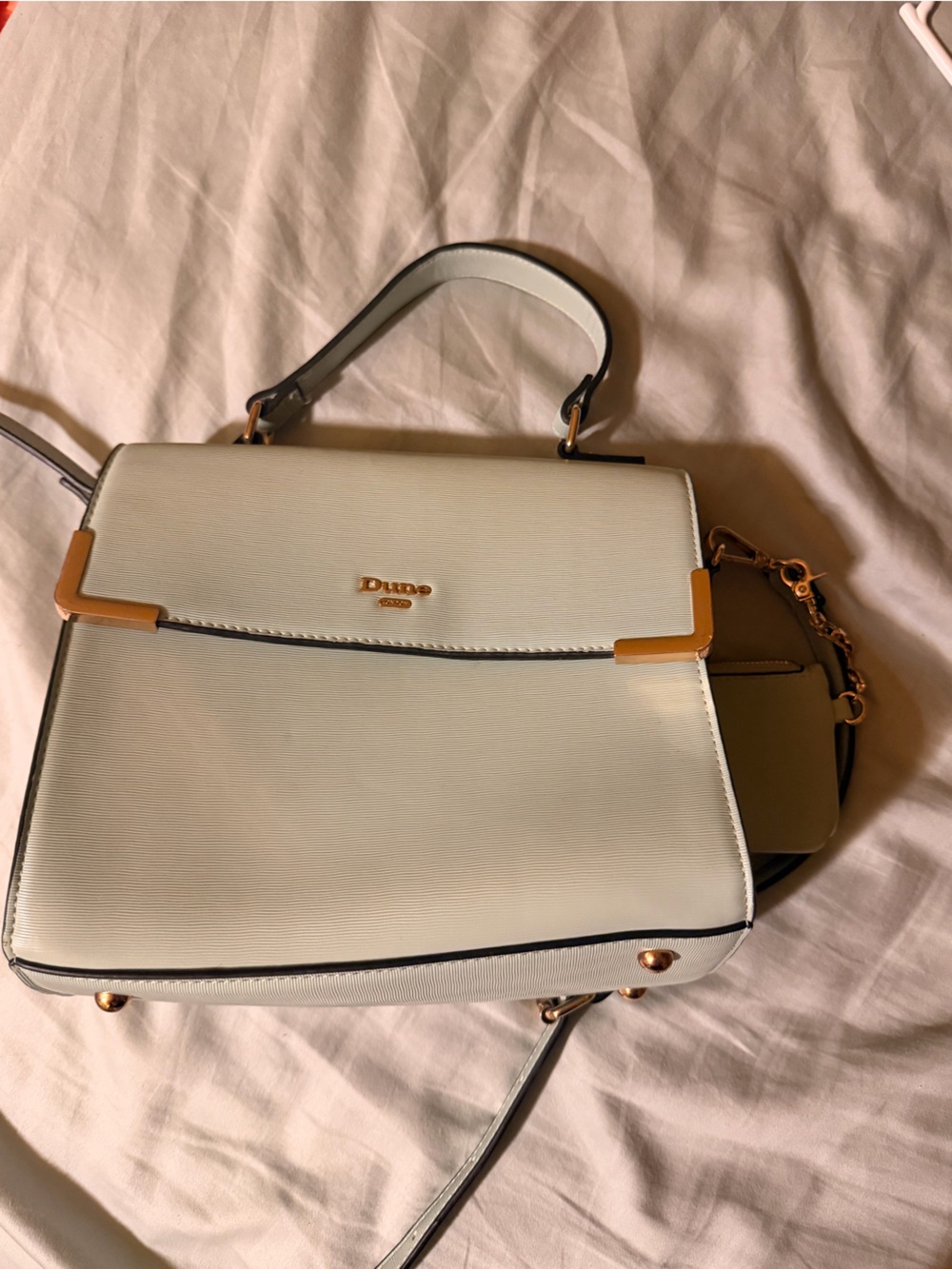 White Structured Top-Handle Bag with Gold Accents